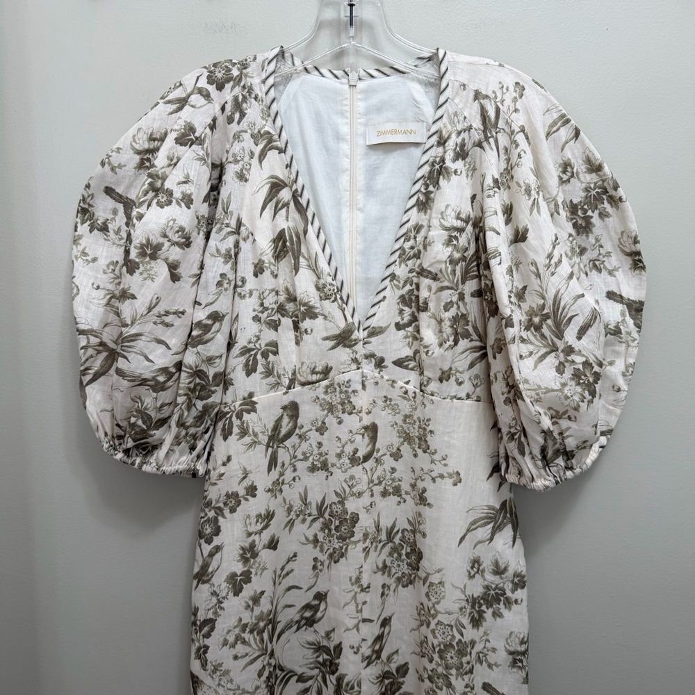 Zimmermann Linen Day Midi Dress Puff Sleeve Pockets Olive Green Toile Floral 6 - Picture 3 of 13